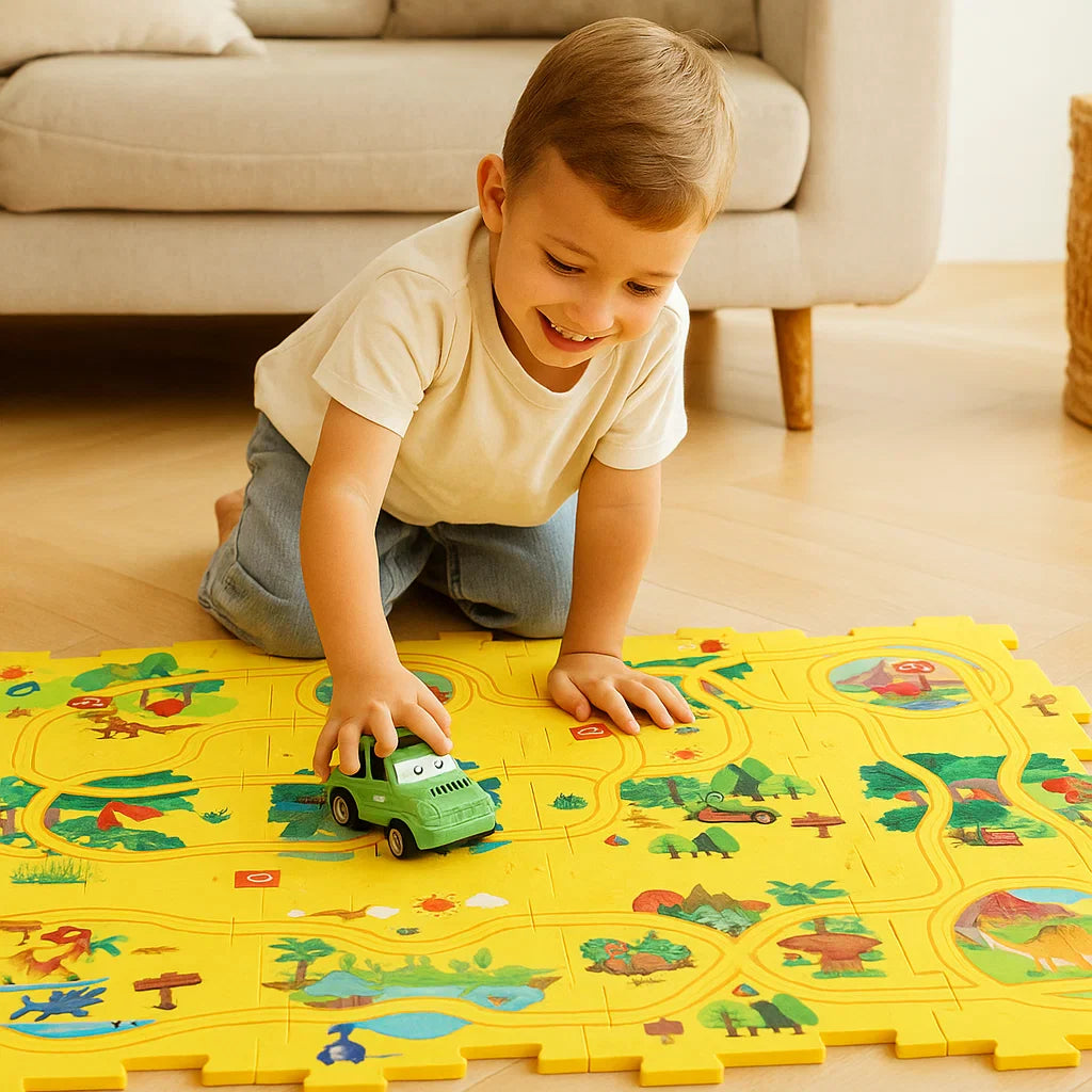 Puzzle Track Play Mat for Kids ⎜ Interactive Floor Game with Connectable Roads for Imaginative Racing Fun