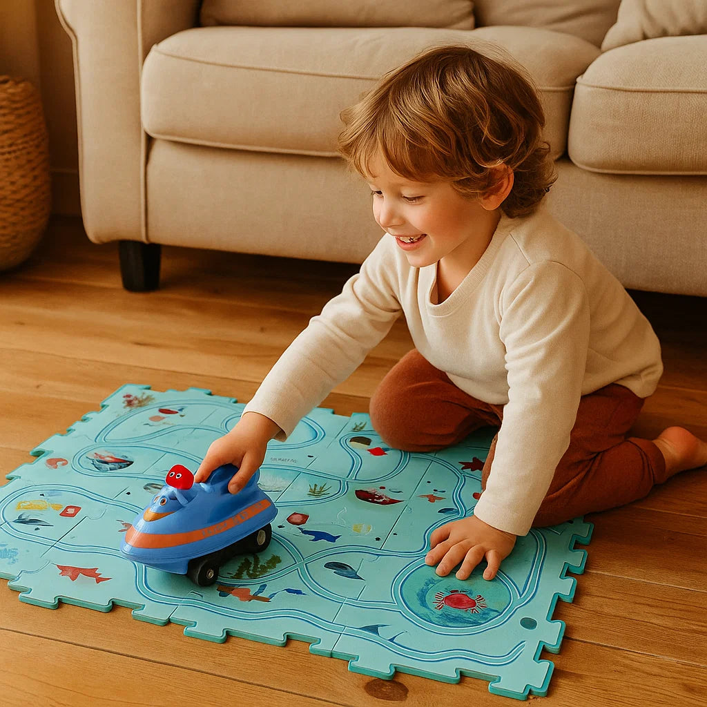 Puzzle Track Play Mat for Kids ⎜ Interactive Floor Game with Connectable Roads for Imaginative Racing Fun