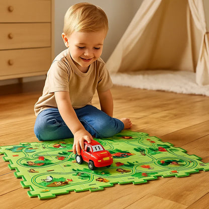 Puzzle Track Play Mat for Kids ⎜ Interactive Floor Game with Connectable Roads for Imaginative Racing Fun