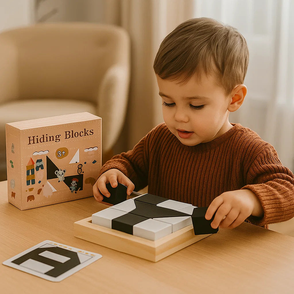 Wooden Battle Block Puzzle Game ⎜ Educational Logic Training Toy for Kids with Cards and Board Play