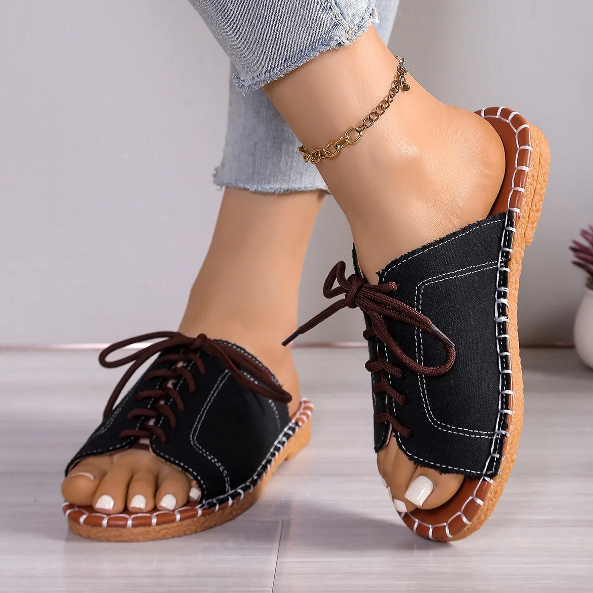 Summer Slip - on Shoes for Women ⎜ Comfortable Open Shoes with a Denim Look and Laces for Leisure and Everyday Wear