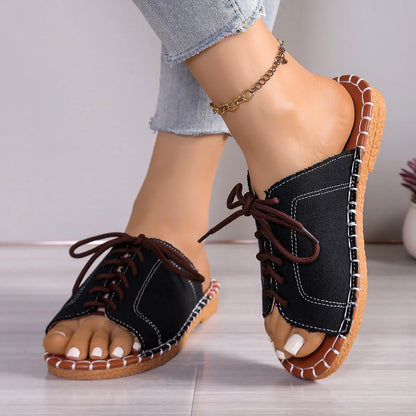 Summer Slip - on Shoes for Women ⎜ Comfortable Open Shoes with a Denim Look and Laces for Leisure and Everyday Wear