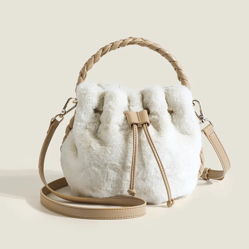 Plush Bucket Bag for Women ⎜ Soft Handbag with Braided Handle and Adjustable Shoulder Strap