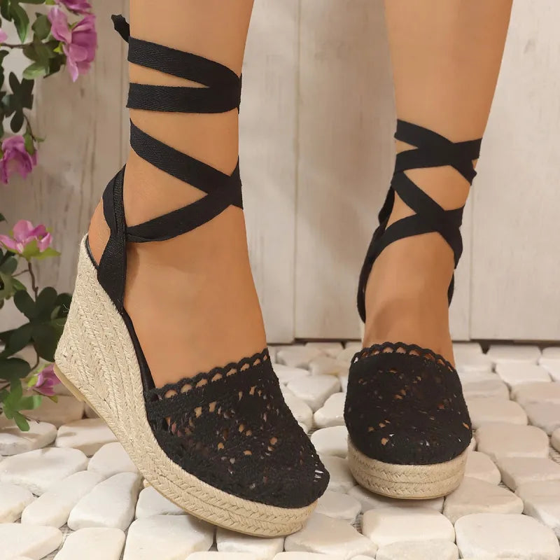 Wedge Heel Sandals for Women ⎜ Summery High Heels with a Raffia Sole and Elegant Lacing
