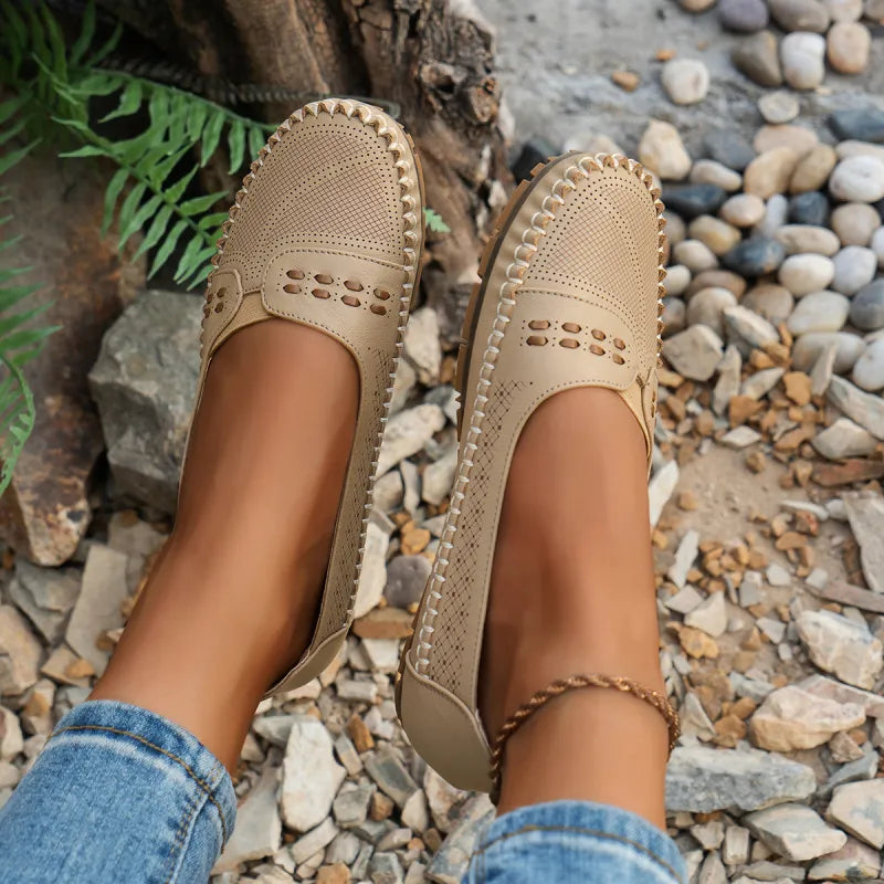 Loafers for Women ⎜ Comfortable Flat Shoes with Perforated Design and Decorative Stitching