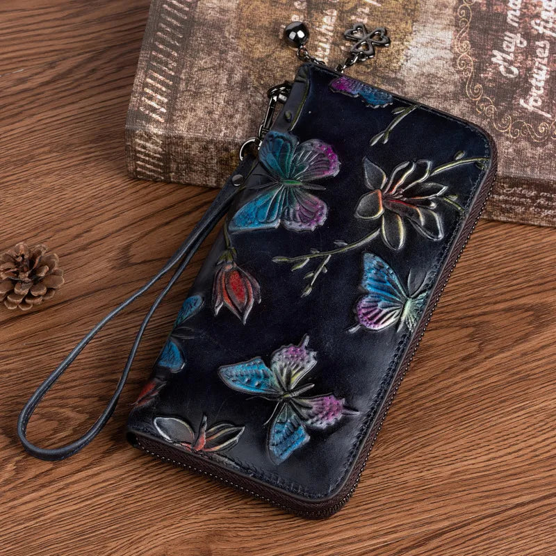 Women's Clutch with Zip ⎜ Vintage Design with Floral Embossing and Practical Wrist Strap