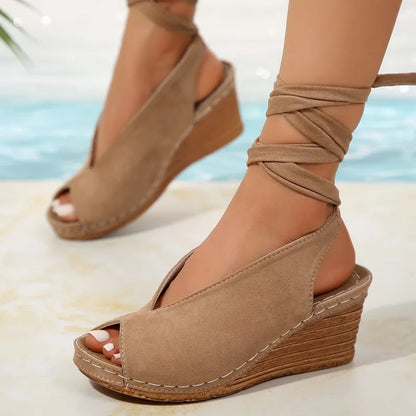 Women's Wedge Sandals with Laces ⎜ Comfortable Summer Shoes with a Round Toe and Open Toe Section