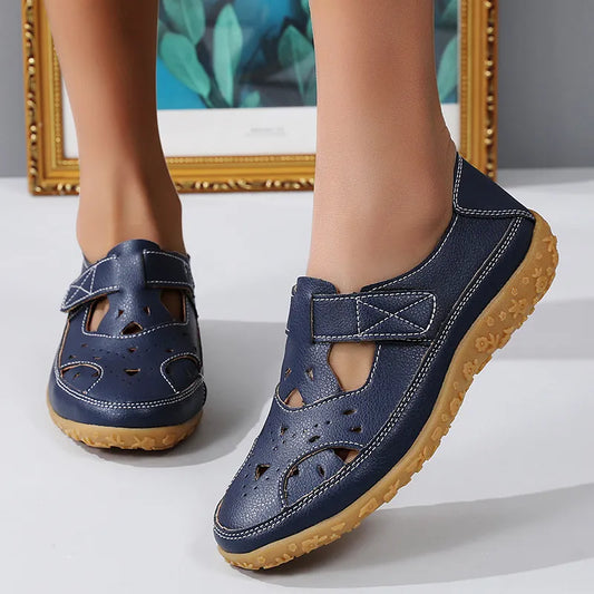 Women's Summer Shoes with Velcro Fastening ⎜ Comfortable Flats with Perforated Pattern and Non - Slip Sole