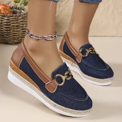 Wedge Loafers for Women ⎜ Comfortable Slip - on Shoes with Horse Chain Appliqué for Comfort and Style