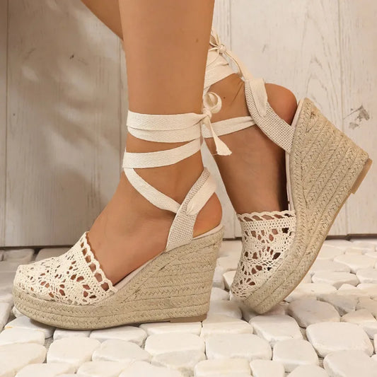 Wedge Heel Sandals for Women ⎜ Summery High Heels with a Raffia Sole and Elegant Lacing