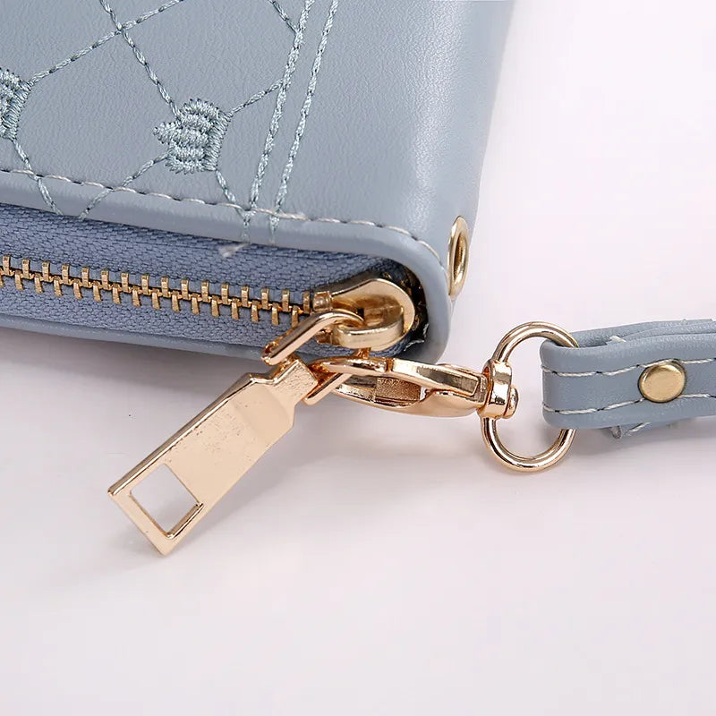 Women's Clutch with Crown Embroidery ⎜ Long Zip and Practical Design with Wrist Strap