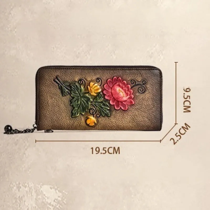 Women's Wallet with Zip ⎜ Retro Design with Floral Embossing and Practical Wrist Strap