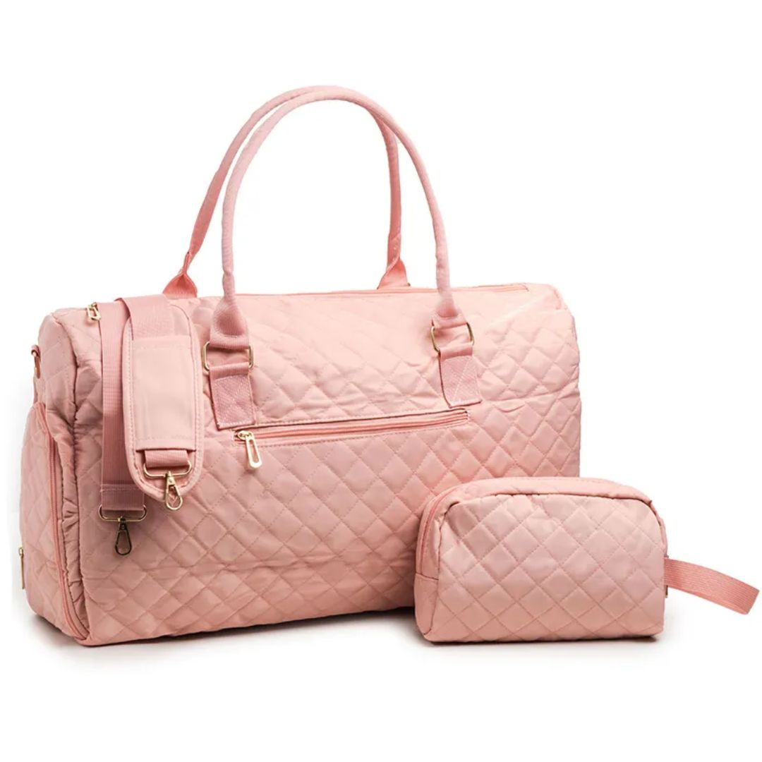 Women's Travel Bag ⎜ Padded Weekender Bag with Diamond Pattern and Matching Cosmetic Bag