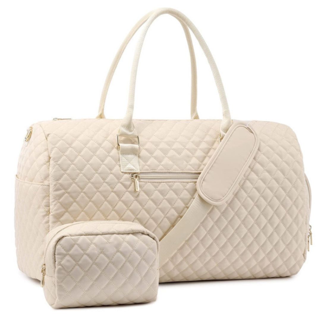 Women's Travel Bag ⎜ Padded Weekender Bag with Diamond Pattern and Matching Cosmetic Bag