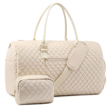 Women's Travel Bag ⎜ Padded Weekender Bag with Diamond Pattern and Matching Cosmetic Bag
