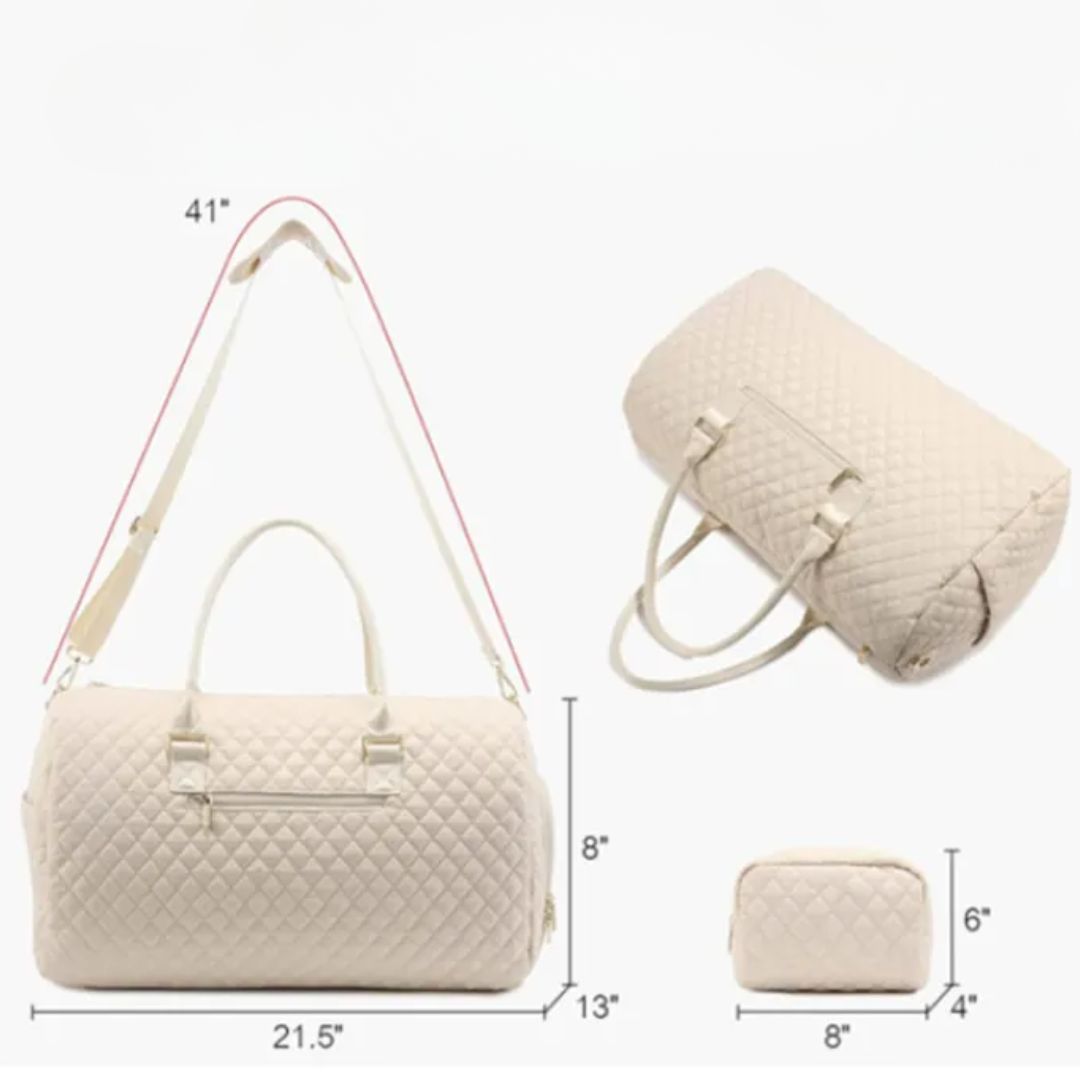 Women's Travel Bag ⎜ Padded Weekender Bag with Diamond Pattern and Matching Cosmetic Bag