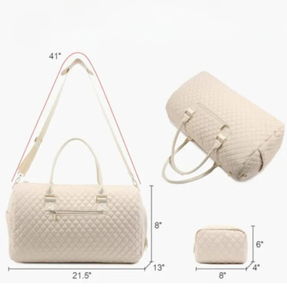 Women's Travel Bag ⎜ Padded Weekender Bag with Diamond Pattern and Matching Cosmetic Bag