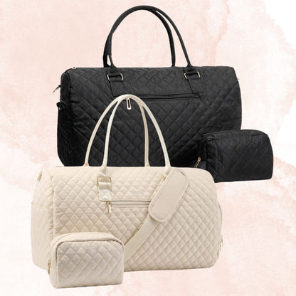 Women's Travel Bag ⎜ Padded Weekender Bag with Diamond Pattern and Matching Cosmetic Bag