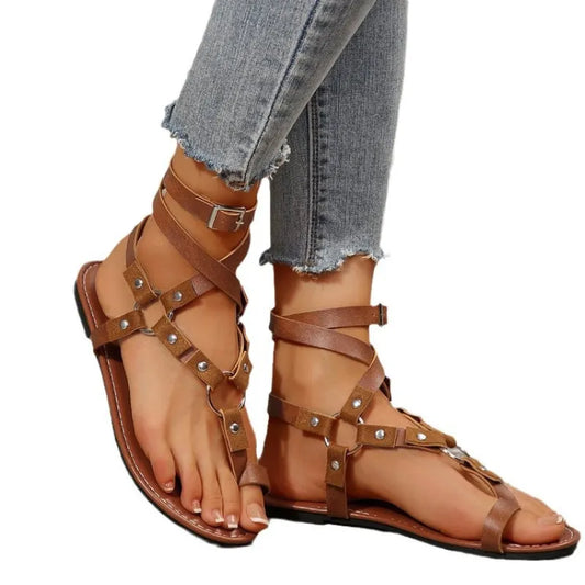 Women's Roman Sandals with Cross Straps ⎜ Vintage - Style Flat Summer Shoes with Buckles and Studded Design