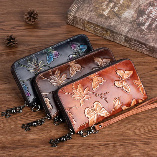 Women's Clutch with Zip ⎜ Vintage Design with Floral Embossing and Practical Wrist Strap