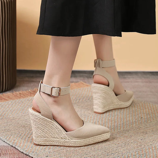 Women's Wedge Sandals with a Raffia Sole ⎜ Elegant Summer Shoes with a Pointed Toe and Adjustable Ankle Strap