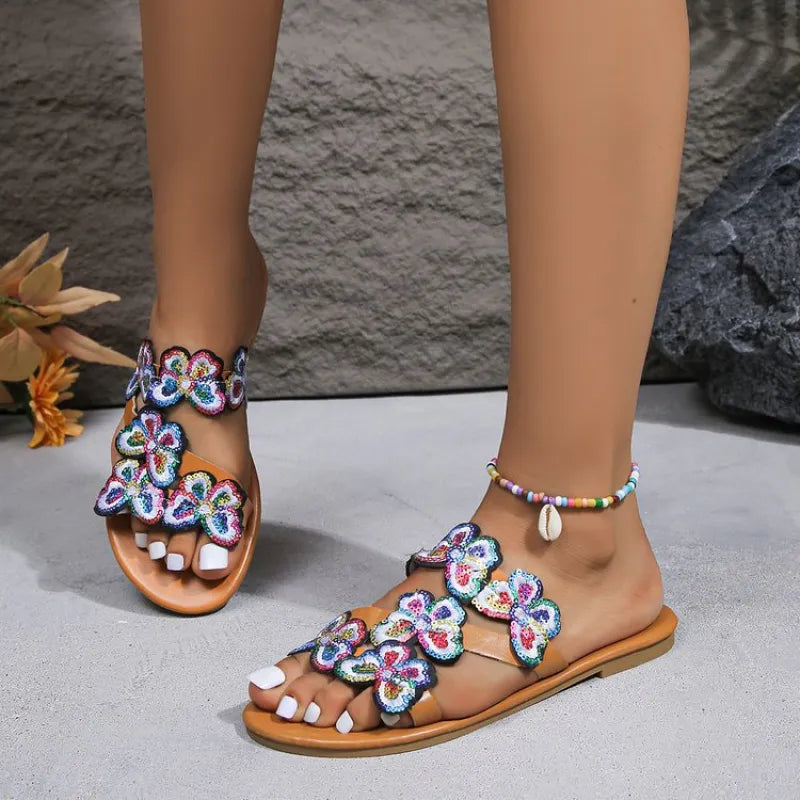 Women's Flat Sandals ⎜ Comfortable Summer Shoes with Butterfly Decor and Open Design for Beach & Leisure