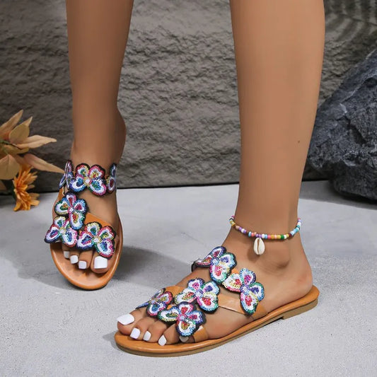 Women's Flat Sandals ⎜ Comfortable Summer Shoes with Butterfly Decor and Open Design for Beach & Leisure