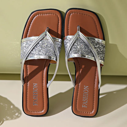 Women's Sandals with Glitter Details ⎜ Fashionable Flip - Flops with Cross Straps and Comfortable Block Heel
