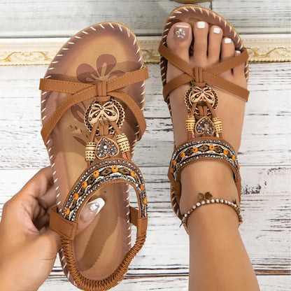 Women's Flat Sandals ⎜ Comfortable Summer Shoes with Floral and Rhinestone Decor for Everyday Wear & Beach