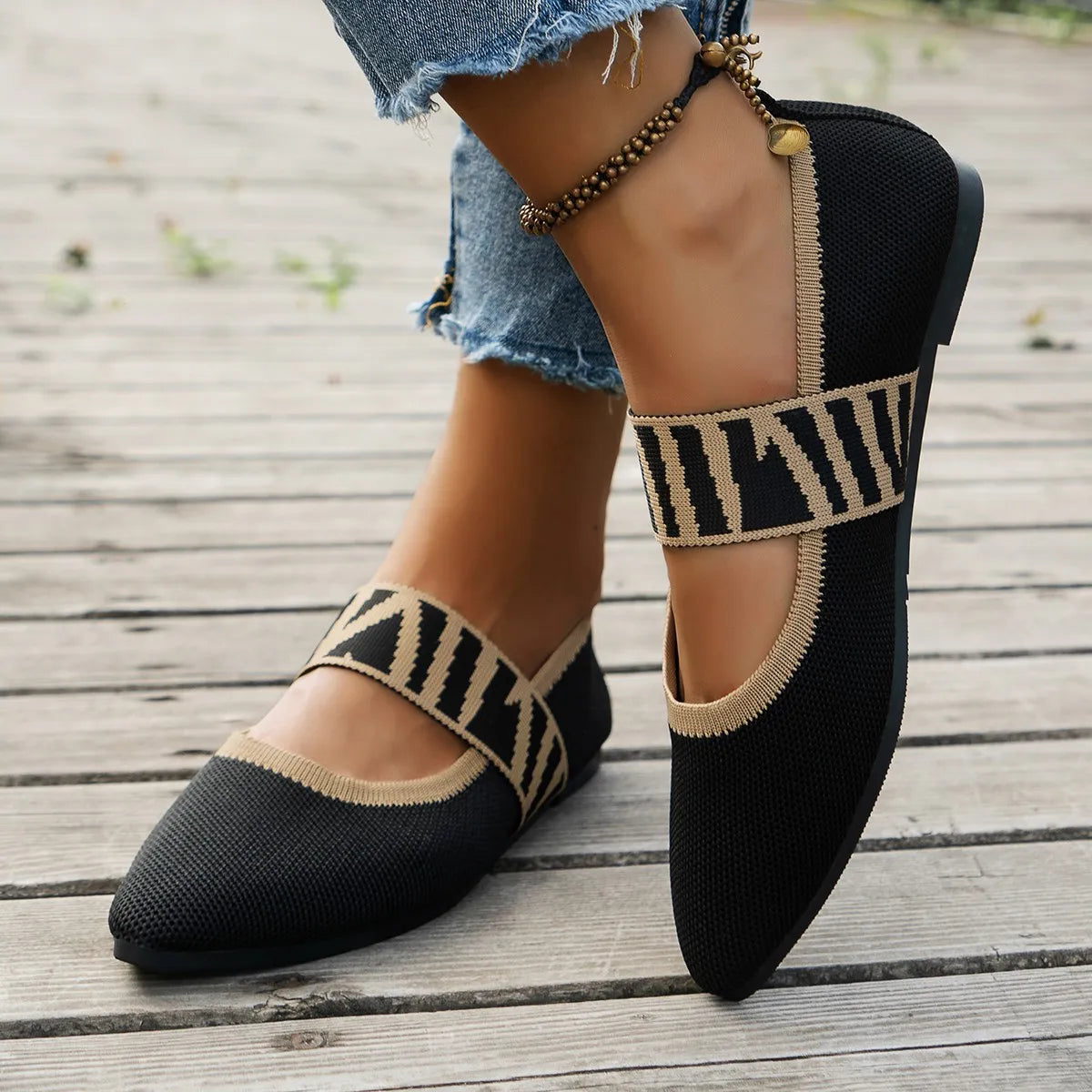 Flat Ballerinas for Women ⎜ Comfortable Shoes with a Striped Pattern and Pointed Toe for Summer and Style