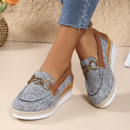 Wedge Loafers for Women ⎜ Comfortable Slip - on Shoes with Horse Chain Appliqué for Comfort and Style
