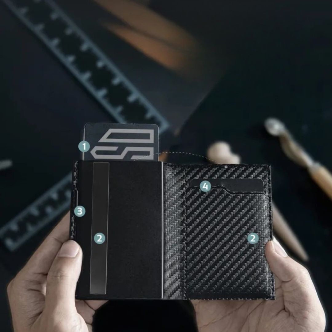 Rfid Card Holder for Men ⎜ Compact Carbon Wallet with Eject Function for Cards