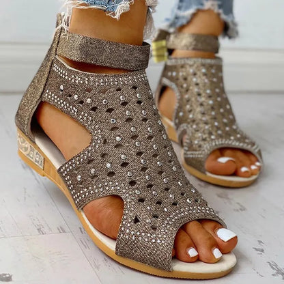 Women's Wedge Sandals ⎜ Comfortable Summer Shoes with Rhinestones , Cut - Out Design and Adjustable Buckle