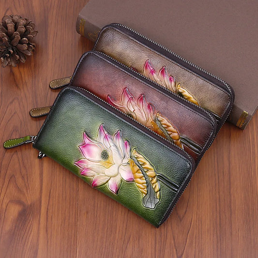 Women's Wallet with Zip ⎜ Long Design with Multiple Card Slots and Retro Floral Pattern