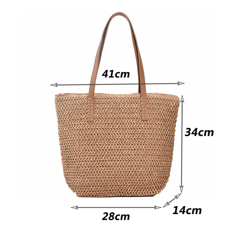 Large Capacity Straw Bag ⎜ Fashionable Shoulder Bag with Drawstring and Sturdy Shoulder Strap