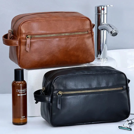 Leather Toiletry Bag for Men ⎜ Large Travel Bag with Practical Compartments and Robust Zip