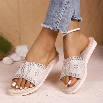 Platform Sandals for Women ⎜ Comfortable Canvas Summer Shoes with Glitter Details and a Round Toe