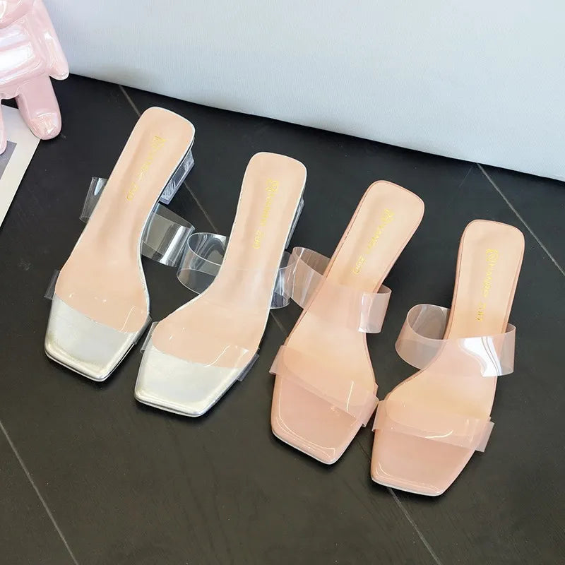 Women's Slip - on Sandals ⎜ Elegant Summer Shoes with Transparent Block Heel and Wide Straps