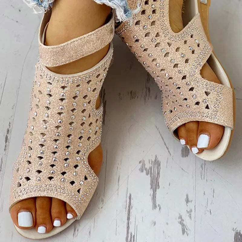 Women's Wedge Sandals ⎜ Comfortable Summer Shoes with Rhinestones , Cut - Out Design and Adjustable Buckle