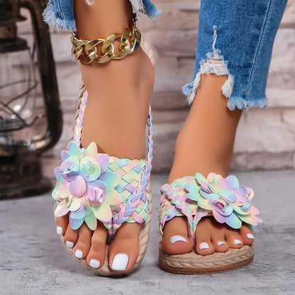 Colourful Women's Flip - Flops ⎜ Comfortable Summer Shoes with Floral Appliqués and Braided Design