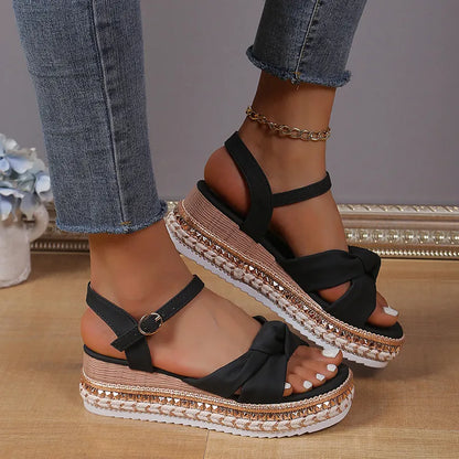 Women's Platform Sandals ⎜ Comfortable Summer Shoes with Bow and Adjustable Strap for Everyday Wear & Holidays