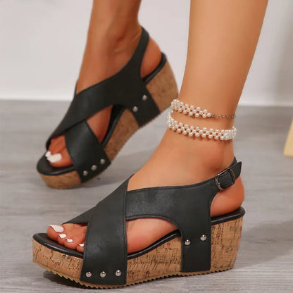 Women's Summer Wedge Sandals ⎜ Comfortable Platform Sandals with Straps and Studs for Everyday Wear & Leisure