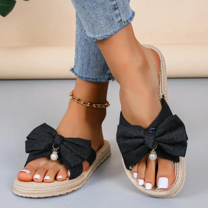 Mules for Women ⎜ Fashionable Summer Shoes with Jute Sole and Large Bow for Indoors and Outdoors