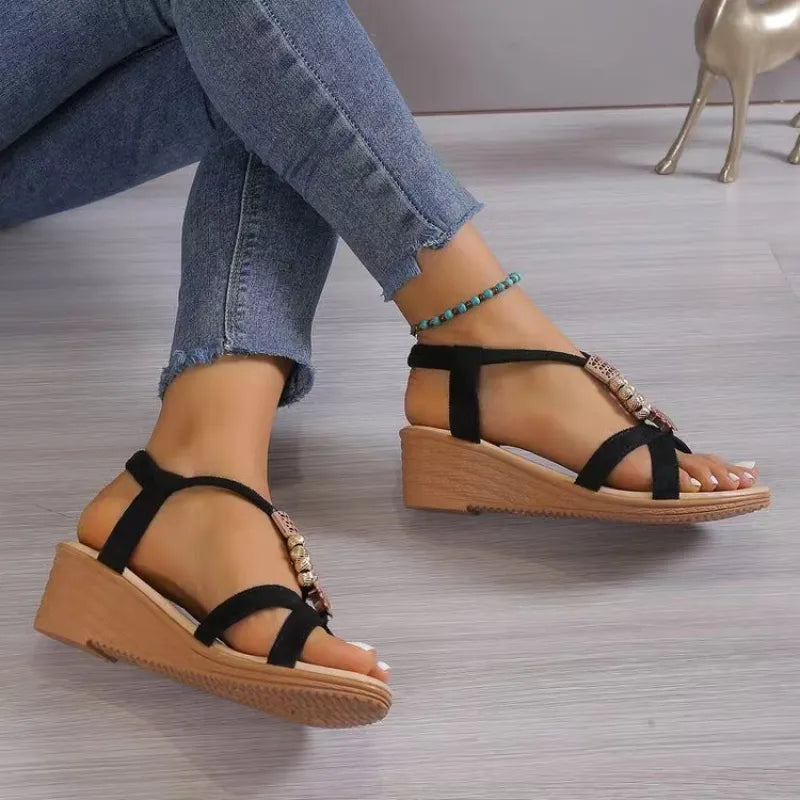 Women's Wedge Sandals ⎜ Handmade Summer Shoes with Pearl Embellishment and Non - Slip Sole