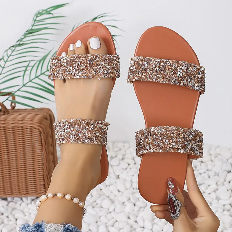 Women's Flat Slip - on Shoes ⎜ Comfortable Summer Shoes with Double Straps and Glitter Decor for Everyday Wear & Leisure