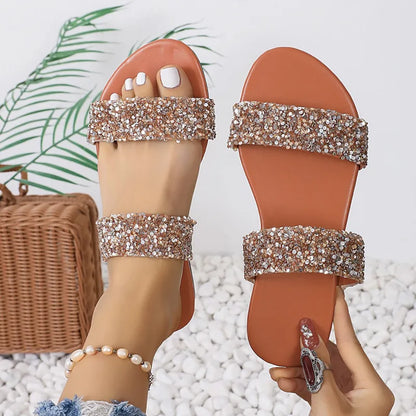 Women's Flat Slip - on Shoes ⎜ Comfortable Summer Shoes with Double Straps and Glitter Decor for Everyday Wear & Leisure