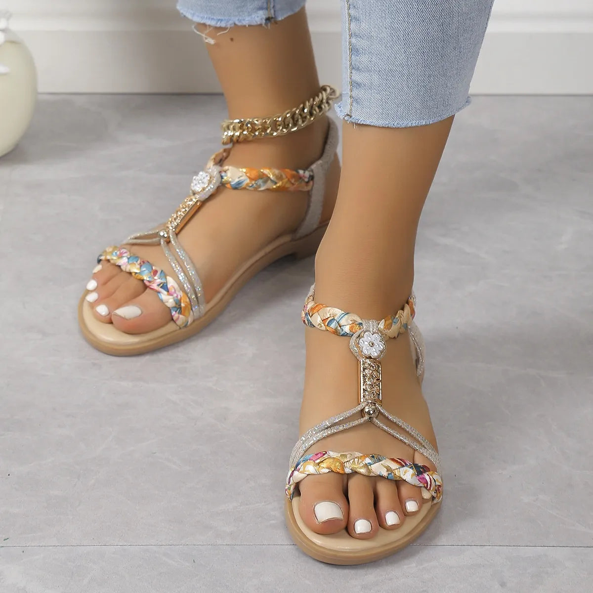 Women's Flat Sandals ⎜ Comfortable Shoes with Braided Design and Sparkling Details