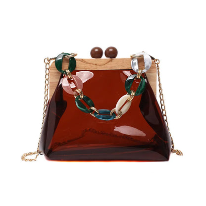 Transparent Shoulder Bag for Women ⎜ Fashionable Bag with Chain Detail and Wooden Clasp
