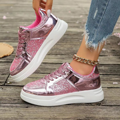 Women's Trainers ⎜ Shiny Lace - Up Shoes with a Glitter Effect and Thick Sole Tread for Everyday Wear