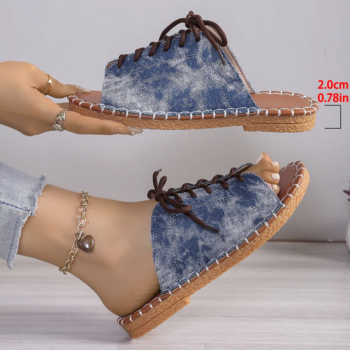 Summer Slip - on Shoes for Women ⎜ Comfortable Open Shoes with a Denim Look and Laces for Leisure and Everyday Wear